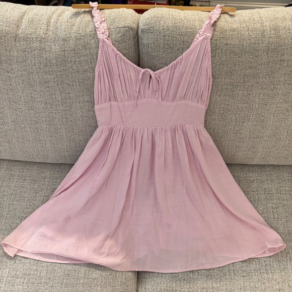 NWT Forever 21 Light Pink Mini Dress Smocked Sundress Tie Front Sleeveless SZ L - Picture 1 of 8